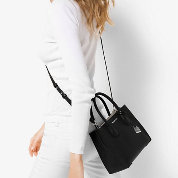Michael Kors Mercer Medium Pebbled Leather Crossbody Bag- Black/Silver - Picture 1 of 13